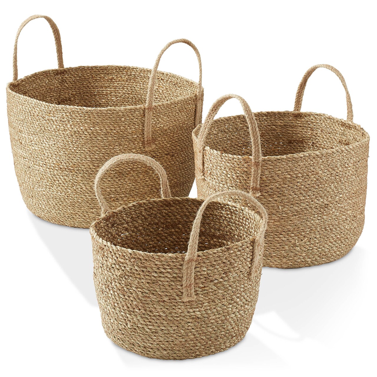 Casafield Set of 3 Braided Seagrass Baskets with Jute Handles - Natural, Woven Storage Basket Planters, Boho Decor for Entryway, Living Room, Bedroom